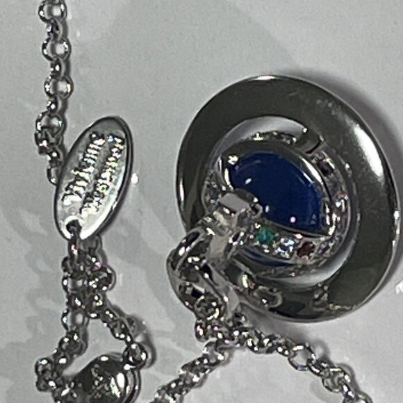 New Silver Vivienne Westwood Glacier Blue Saturn Orb Long chain Necklace - Picture 5 of 7